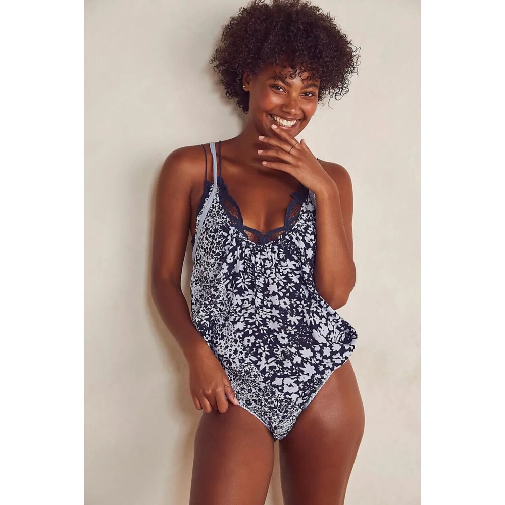 Free People Intimately Be Kind Bodysuit S Blue Floral Print Crisscross Back New